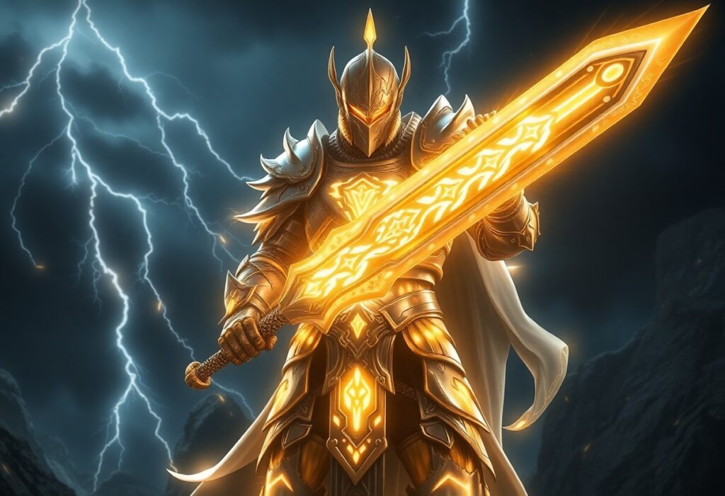 Knight Radiant warrior in glowing armor wielding a Shardblade
