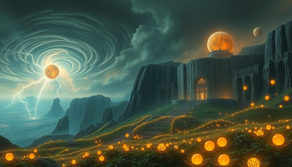 The world of Roshar, fantasy landscape with supernatural storms