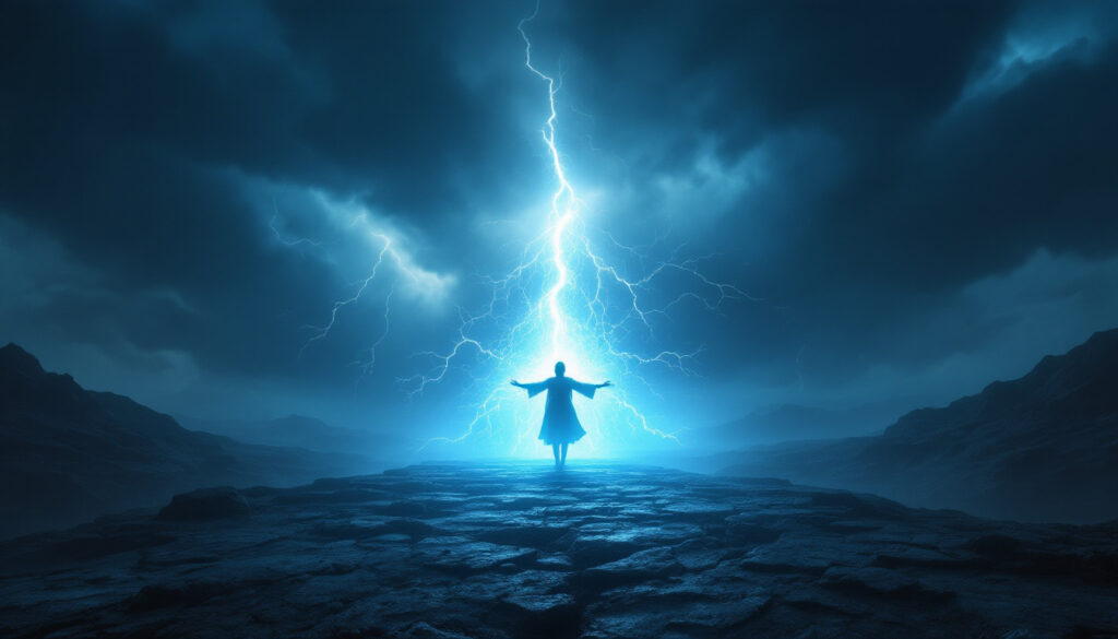 A silhouette stands on a rocky plain, arms outstretched, as a brilliant blue lightning bolt strikes from dark storm clouds, illuminating the scene.