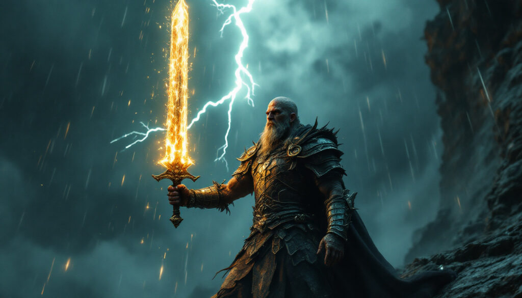 A powerful, bearded warrior in ornate armor holds a glowing sword under a stormy sky with lightning and rain.
