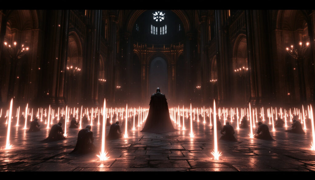 A dark armored figure stands in a grand gothic cathedral, surrounded by kneeling devotees and glowing sword-like lights.