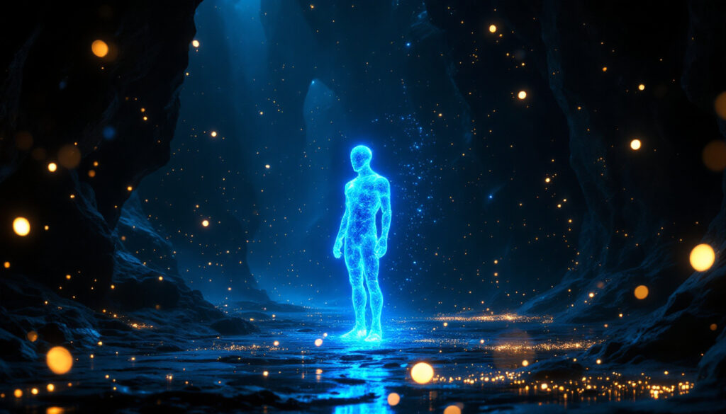 A glowing blue humanoid figure stands in a dark, mystical cave illuminated by ethereal golden orbs and blue light.