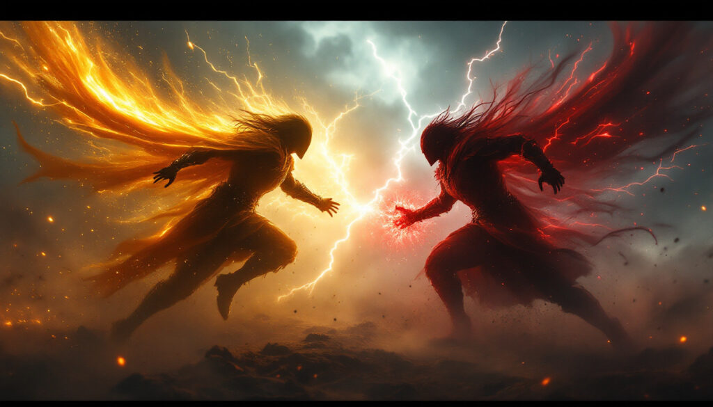 Two silhouetted warriors charging toward each other across a storm-lit battlefield, one radiating golden light and one radiating deep crimson energy.