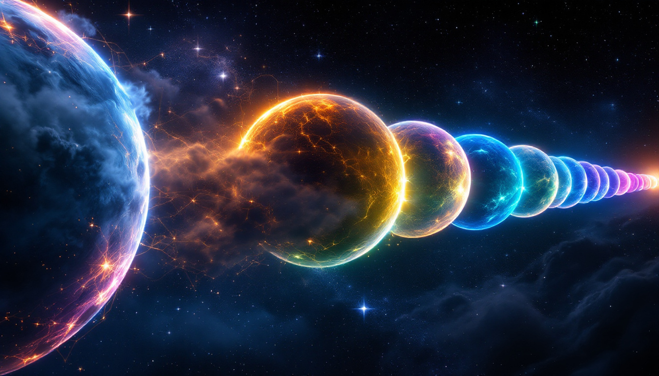 Multiple glowing fantasy planets connected across a starry Cosmere