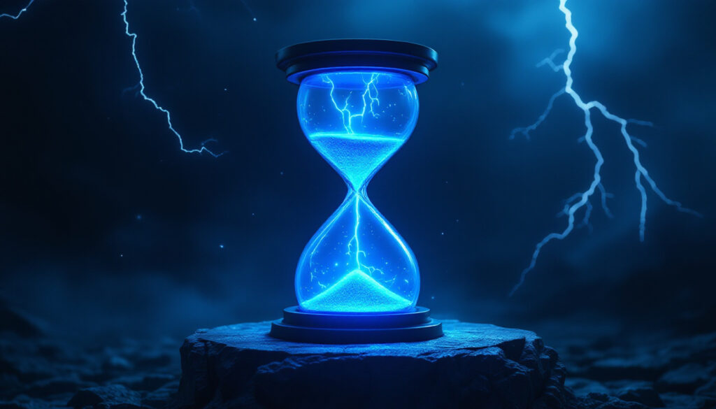 A glowing hourglass filled with swirling blue Stormlight instead of sand, sitting on an ancient stone pedestal with lightning crackling in the dark background.