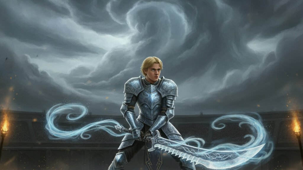 Adolin Kholin in Shardplate holding his Shardblade Maya in a duelling arena