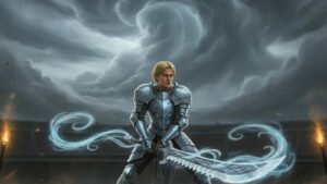 Adolin Kholin in Shardplate holding his Shardblade Maya in a duelling arena