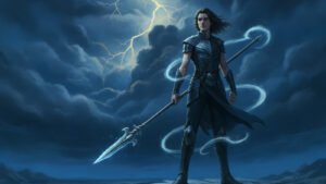 Kaladin Stormblessed with a spear at the edge of a stormy chasm, wind spren spiraling around him