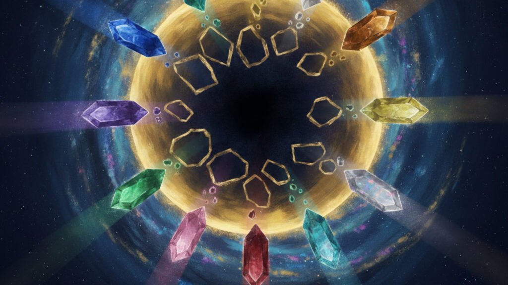 Sixteen shards of coloured light breaking away from a single golden sphere, representing the Shattering of Adonalsium