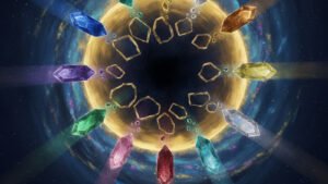 Sixteen shards of coloured light breaking away from a single golden sphere, representing the Shattering of Adonalsium