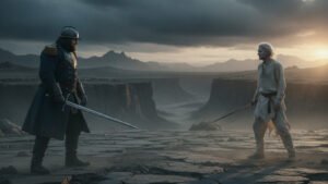 Two armored duelists facing each other across a barren stone plateau under gathering storm clouds on Roshar