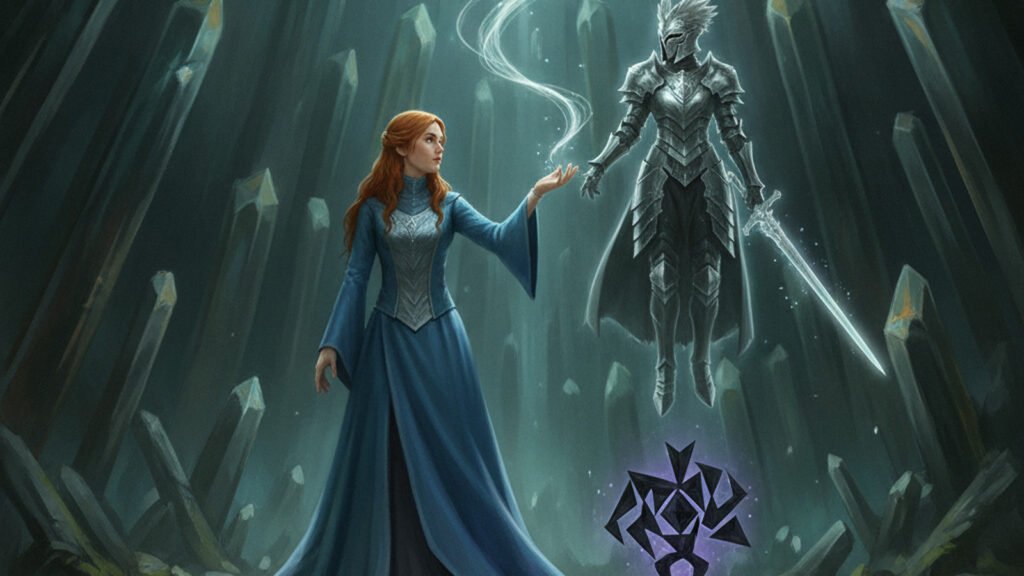 A Lightweaver weaving Stormlight into an illusion of an armored knight beside a Cryptic spren