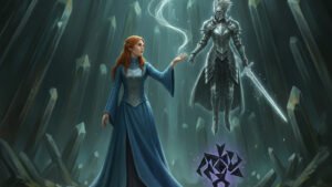 A Lightweaver weaving Stormlight into an illusion of an armored knight beside a Cryptic spren