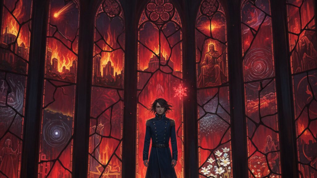 Renarin Kholin before stained glass visions of possible futures, with his spren Glys