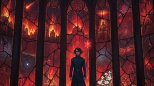 Renarin Kholin before stained glass visions of possible futures, with his spren Glys