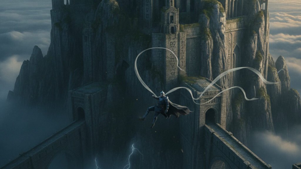 A soldier falling beside an ancient tower city above a storm