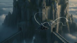A soldier falling beside an ancient tower city above a storm