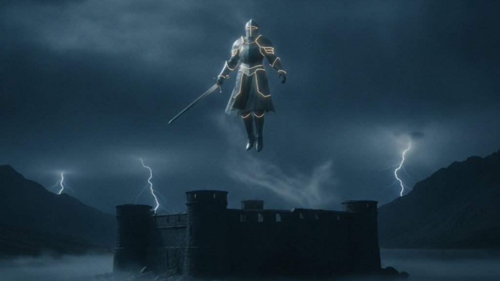 An armoured knight in glowing grey plate hovers in the night air above a dark fortress beside a still lake