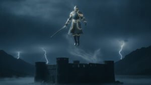 An armoured knight in glowing grey plate hovers in the night air above a dark fortress beside a still lake