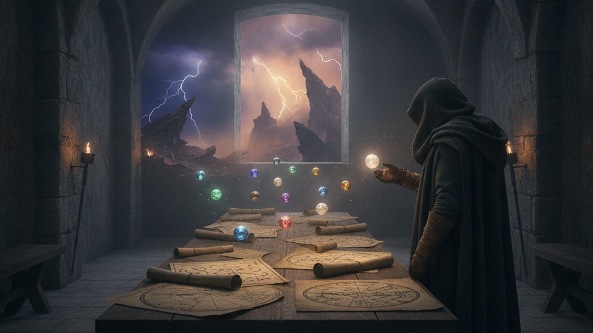 Ten coloured spren hovering above a scholar's table covered in glyph charts, a cloaked figure reaching toward one of them