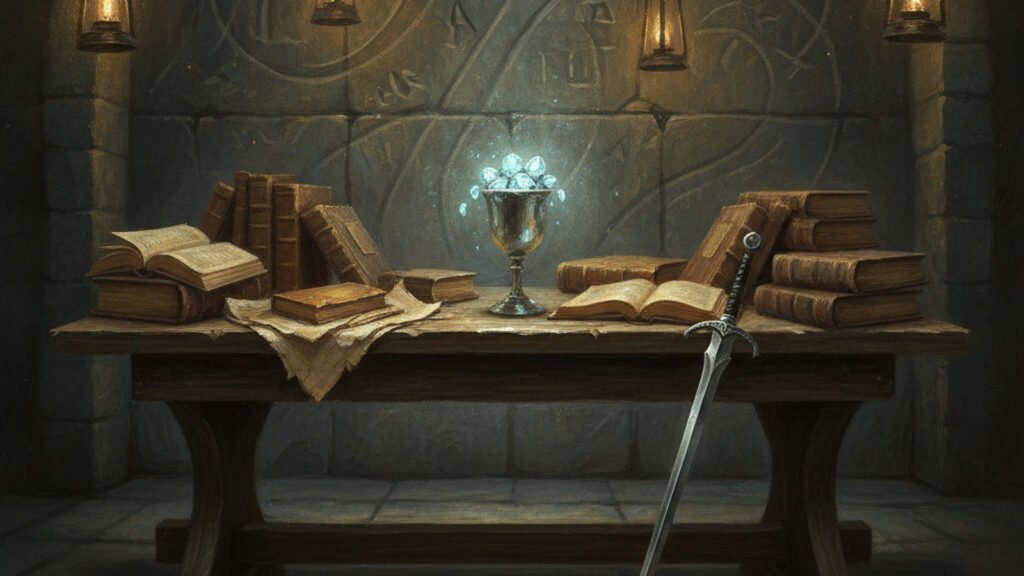 Ancient tomes, glowing spheres and a sheathed sword on an archive table