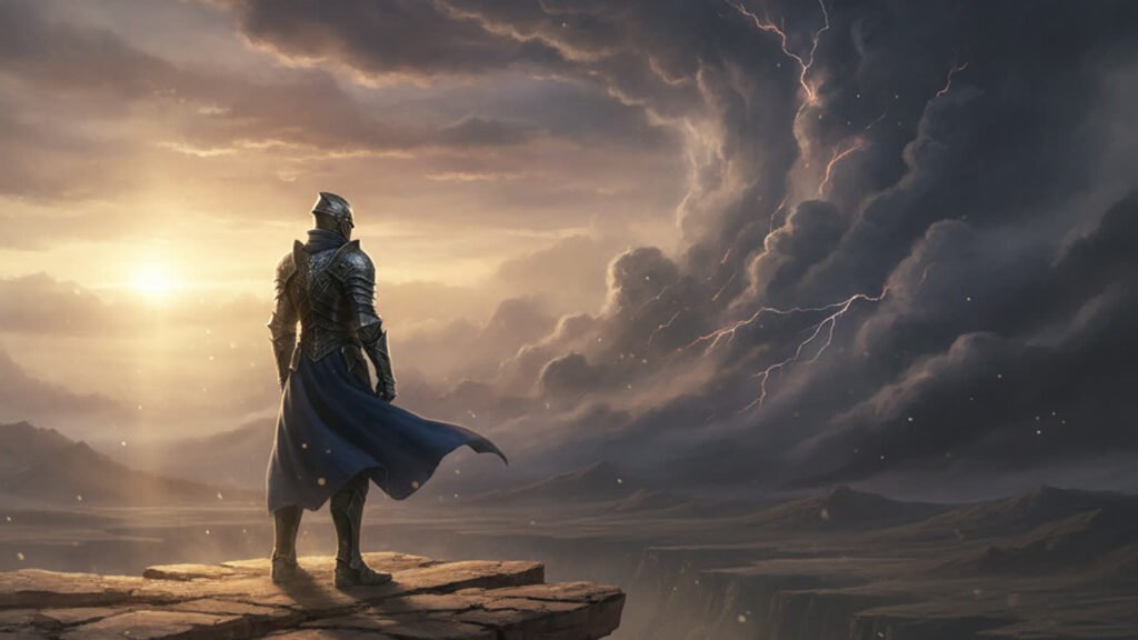 A lone armored figure in a blue coat standing on a stone plateau facing an approaching highstorm on Roshar