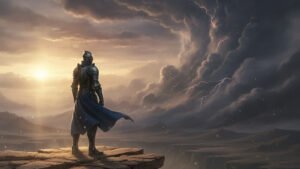 A lone armored figure in a blue coat standing on a stone plateau facing an approaching highstorm on Roshar