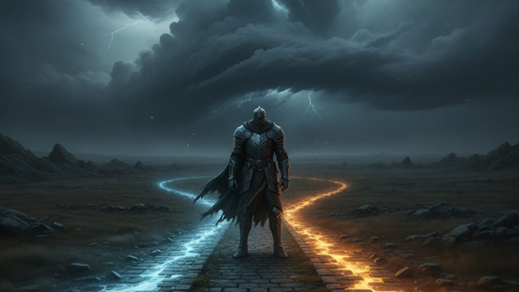 Armored figure at a stone crossroads on a storm-scarred Roshar plain, one path glowing blue and one glowing gold