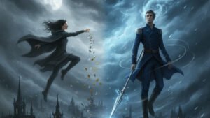 A Mistborn leaping through mist facing a Windrunner glowing with Stormlight