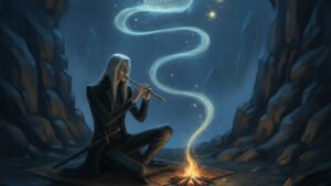 Hoid, known as Wit, playing a flute beside a campfire in a chasm while the smoke curls into light