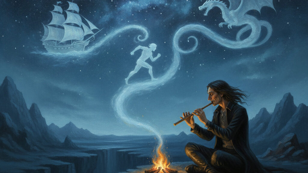 A storyteller in a black coat plays a flute by a campfire at the edge of a chasm, the smoke forming a ship, a runner and a dragon
