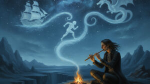 A storyteller in a black coat plays a flute by a campfire at the edge of a chasm, the smoke forming a ship, a runner and a dragon