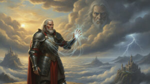 Grey-haired armored general on a tower above the clouds, threads of light reaching from his hand toward distant cities, evoking the Bondsmiths of the Stormlight Archive