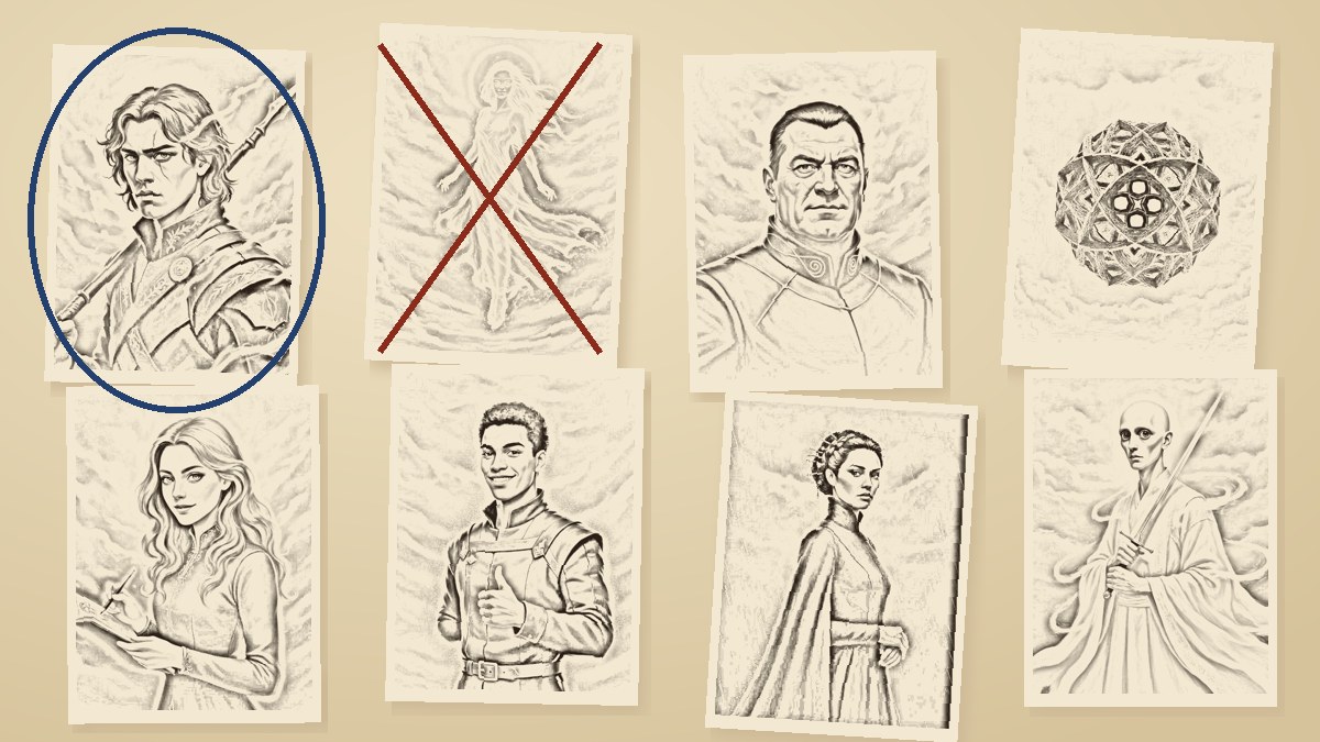 Pencil sketches of Stormlight Archive characters pinned to a parchment page, Kaladin circled in blue ink and Syl crossed out in red