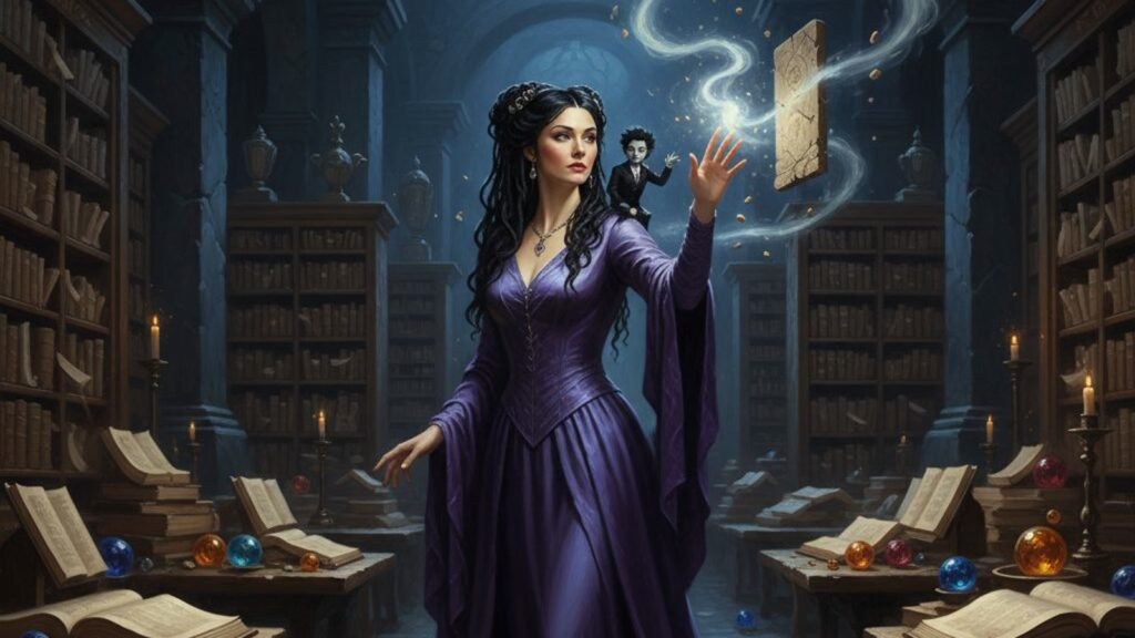 Jasnah Kholin Soulcasting in a library with her inkspren Ivory on her shoulder