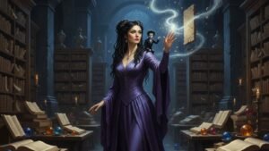 Jasnah Kholin Soulcasting in a library with her inkspren Ivory on her shoulder