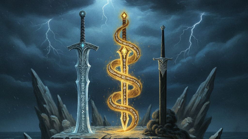 Three legendary swords on a storm-lashed altar: a silver greatsword, a glowing golden glyph blade and a black sword leaking smoke