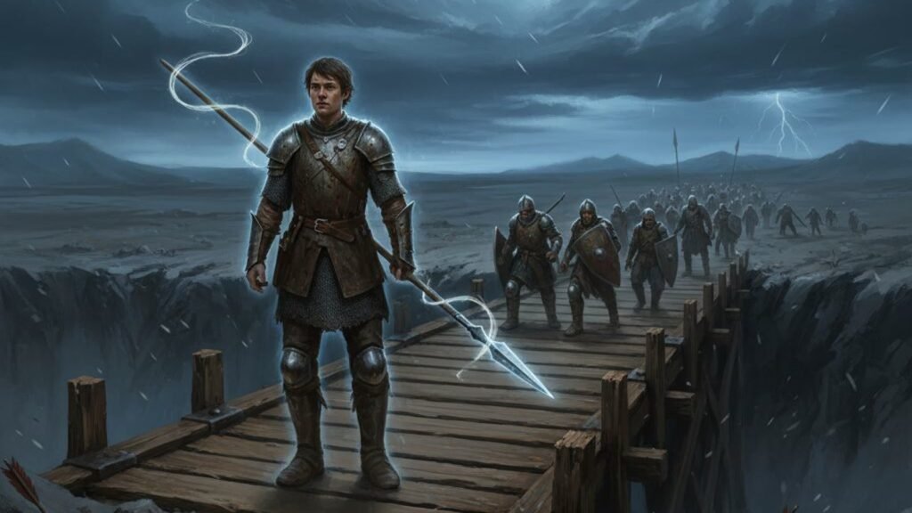A spearman glowing with Stormlight holds a bridge across a chasm as an army retreats under a storm